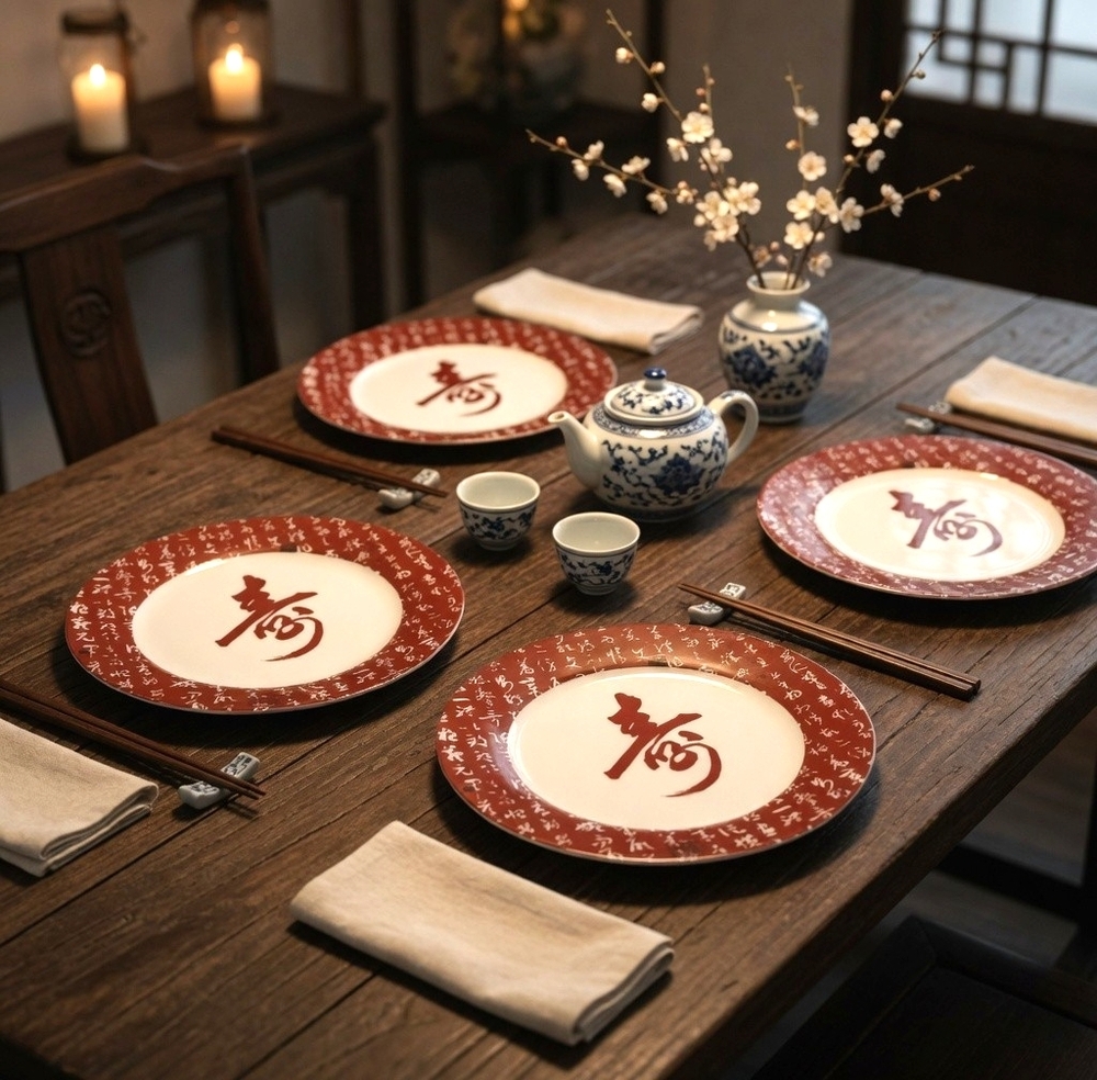 Chinese Calligraphy Shou Porcelain Dinner Plate Set of 4 Red White 10.75" EXC